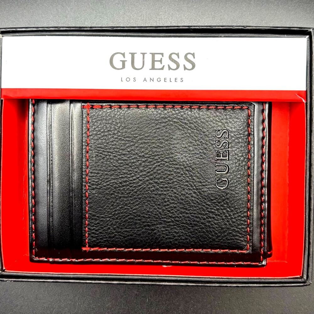 Guess Mens Leather Magnetic Money Clip Wallet Black with Red Stitching. NIBWT